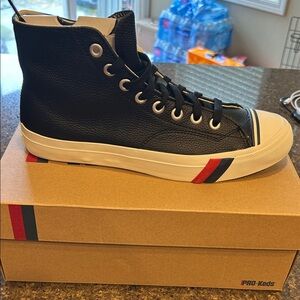 Men's Black High-Top Leather Sneakers with Red & Navy Accent